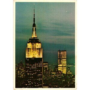 New York City Postcard Empire State Building Twin Towers Night Skyline Vintage